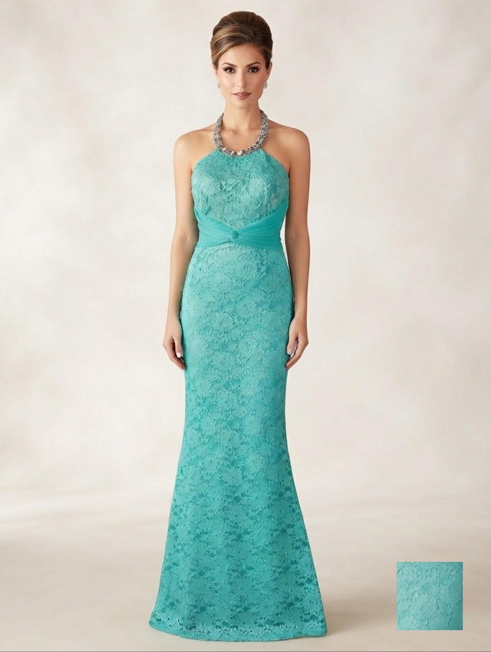 Women's La Scala Sleeveless Halter Lace Mermaid Evening Dress in Aqua Small